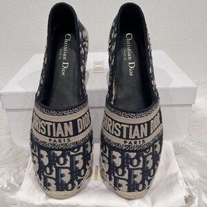Auth Christian Dior Granville Logo Oblique Embroidered Espadrilles Flat 37/ 37.5